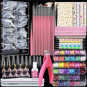 Acrylic Fake Nails Kit, Press On Nail Supplies with Clear Coffin Nail Tips Nail